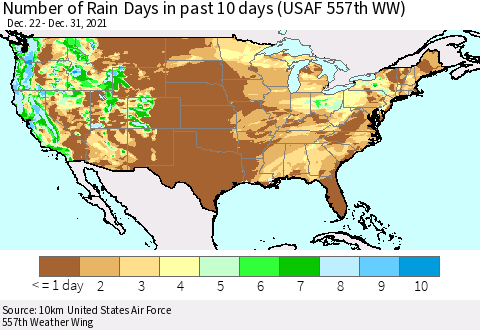 United States Number of Rain Days in past 10 days (USAF 557th WW) Thematic Map For 12/26/2021 - 12/31/2021