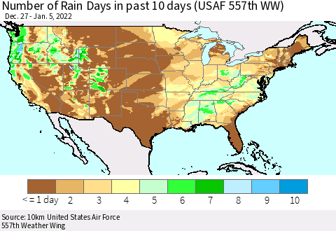 United States Number of Rain Days in past 10 days (USAF 557th WW) Thematic Map For 1/1/2022 - 1/5/2022