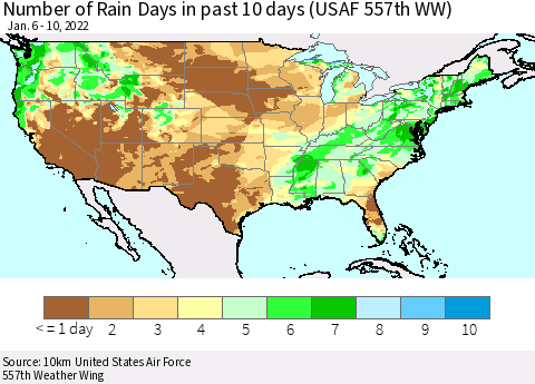 United States Number of Rain Days in past 10 days (USAF 557th WW) Thematic Map For 1/6/2022 - 1/10/2022