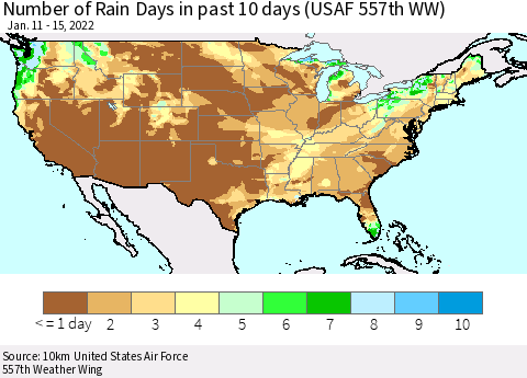 United States Number of Rain Days in past 10 days (USAF 557th WW) Thematic Map For 1/11/2022 - 1/15/2022