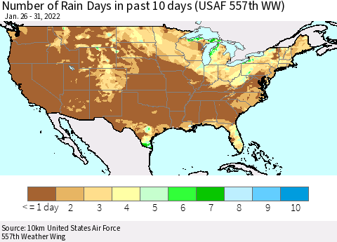 United States Number of Rain Days in past 10 days (USAF 557th WW) Thematic Map For 1/26/2022 - 1/31/2022