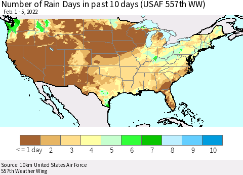 United States Number of Rain Days in past 10 days (USAF 557th WW) Thematic Map For 2/1/2022 - 2/5/2022
