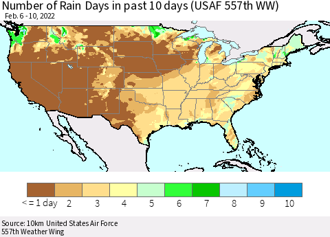United States Number of Rain Days in past 10 days (USAF 557th WW) Thematic Map For 2/6/2022 - 2/10/2022