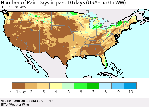 United States Number of Rain Days in past 10 days (USAF 557th WW) Thematic Map For 2/16/2022 - 2/20/2022