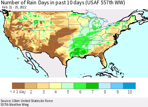 United States Number of Rain Days in past 10 days (USAF 557th WW) Thematic Map For 2/21/2022 - 2/25/2022