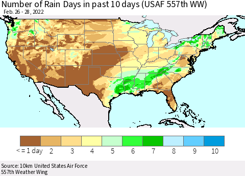 United States Number of Rain Days in past 10 days (USAF 557th WW) Thematic Map For 2/26/2022 - 2/28/2022