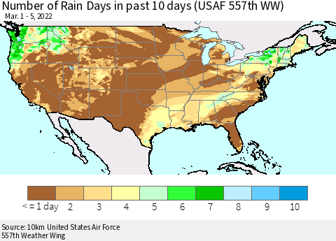 United States Number of Rain Days in past 10 days (USAF 557th WW) Thematic Map For 3/1/2022 - 3/5/2022