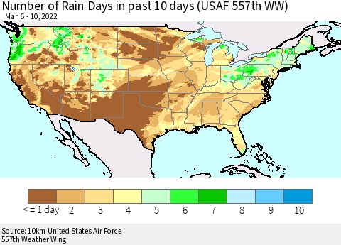 United States Number of Rain Days in past 10 days (USAF 557th WW) Thematic Map For 3/6/2022 - 3/10/2022