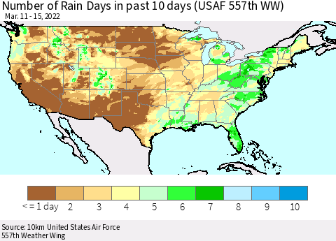 United States Number of Rain Days in past 10 days (USAF 557th WW) Thematic Map For 3/11/2022 - 3/15/2022
