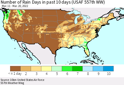 United States Number of Rain Days in past 10 days (USAF 557th WW) Thematic Map For 3/16/2022 - 3/20/2022