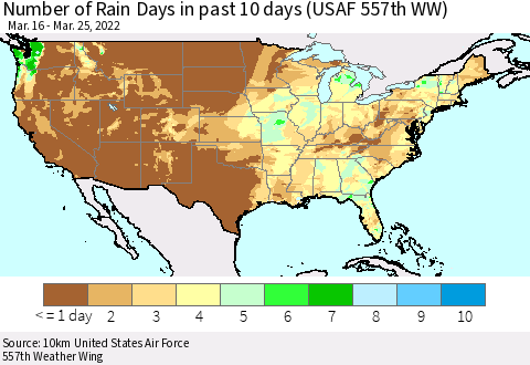 United States Number of Rain Days in past 10 days (USAF 557th WW) Thematic Map For 3/21/2022 - 3/25/2022