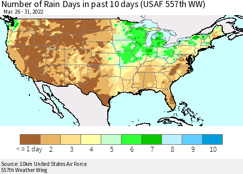 United States Number of Rain Days in past 10 days (USAF 557th WW) Thematic Map For 3/26/2022 - 3/31/2022