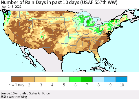 United States Number of Rain Days in past 10 days (USAF 557th WW) Thematic Map For 4/1/2022 - 4/5/2022