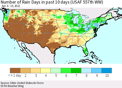 United States Number of Rain Days in past 10 days (USAF 557th WW) Thematic Map For 4/6/2022 - 4/10/2022