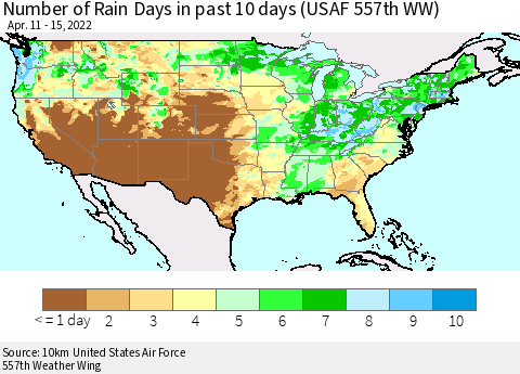 United States Number of Rain Days in past 10 days (USAF 557th WW) Thematic Map For 4/11/2022 - 4/15/2022