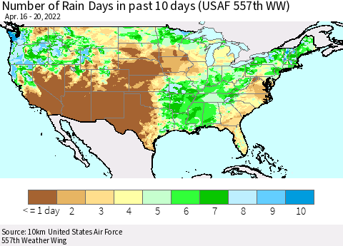 United States Number of Rain Days in past 10 days (USAF 557th WW) Thematic Map For 4/16/2022 - 4/20/2022