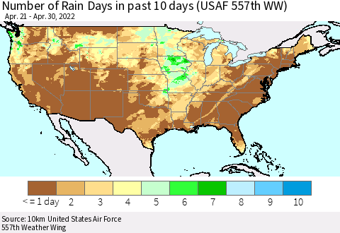 United States Number of Rain Days in past 10 days (USAF 557th WW) Thematic Map For 4/26/2022 - 4/30/2022