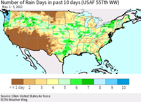United States Number of Rain Days in past 10 days (USAF 557th WW) Thematic Map For 5/1/2022 - 5/5/2022