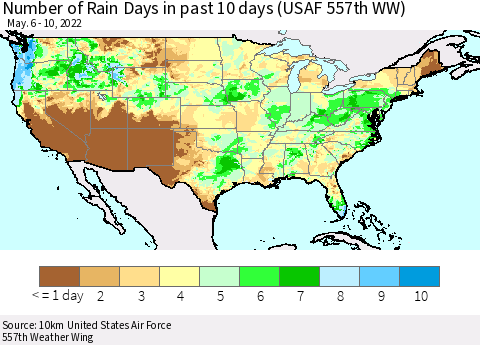 United States Number of Rain Days in past 10 days (USAF 557th WW) Thematic Map For 5/6/2022 - 5/10/2022