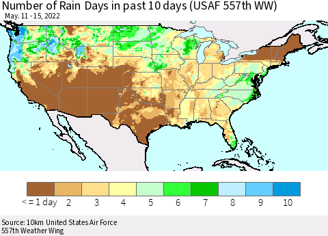United States Number of Rain Days in past 10 days (USAF 557th WW) Thematic Map For 5/11/2022 - 5/15/2022