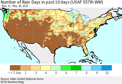 United States Number of Rain Days in past 10 days (USAF 557th WW) Thematic Map For 5/16/2022 - 5/20/2022