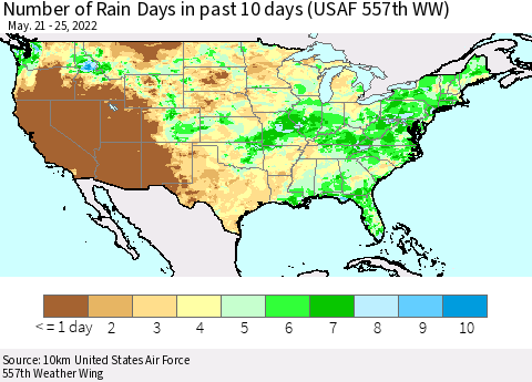 United States Number of Rain Days in past 10 days (USAF 557th WW) Thematic Map For 5/21/2022 - 5/25/2022