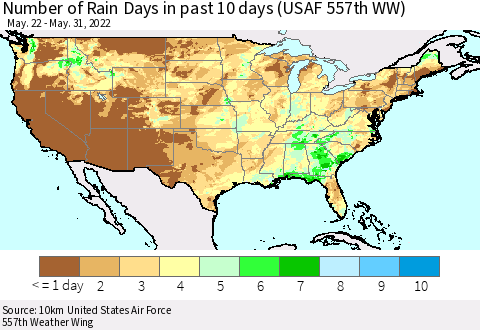 United States Number of Rain Days in past 10 days (USAF 557th WW) Thematic Map For 5/26/2022 - 5/31/2022
