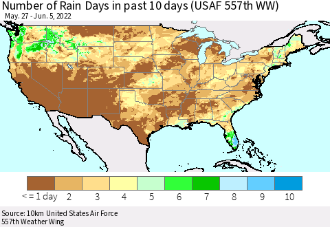 United States Number of Rain Days in past 10 days (USAF 557th WW) Thematic Map For 6/1/2022 - 6/5/2022