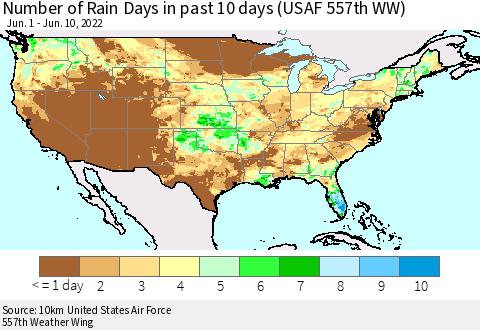 United States Number of Rain Days in past 10 days (USAF 557th WW) Thematic Map For 6/6/2022 - 6/10/2022
