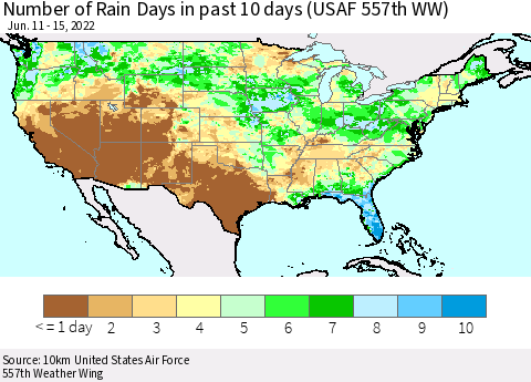 United States Number of Rain Days in past 10 days (USAF 557th WW) Thematic Map For 6/11/2022 - 6/15/2022