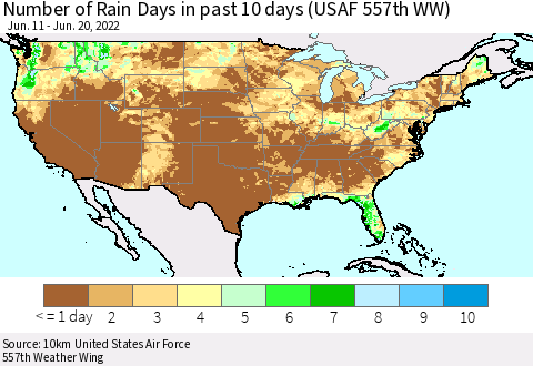 United States Number of Rain Days in past 10 days (USAF 557th WW) Thematic Map For 6/16/2022 - 6/20/2022