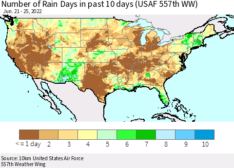United States Number of Rain Days in past 10 days (USAF 557th WW) Thematic Map For 6/21/2022 - 6/25/2022
