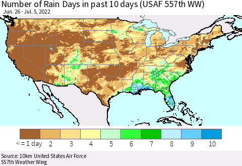 United States Number of Rain Days in past 10 days (USAF 557th WW) Thematic Map For 7/1/2022 - 7/5/2022