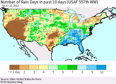 United States Number of Rain Days in past 10 days (USAF 557th WW) Thematic Map For 7/6/2022 - 7/10/2022