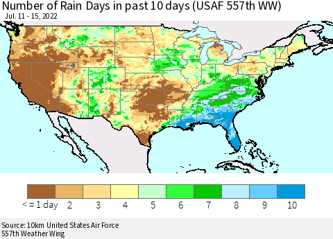 United States Number of Rain Days in past 10 days (USAF 557th WW) Thematic Map For 7/11/2022 - 7/15/2022