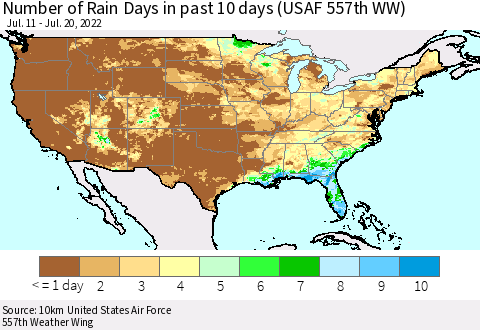 United States Number of Rain Days in past 10 days (USAF 557th WW) Thematic Map For 7/16/2022 - 7/20/2022