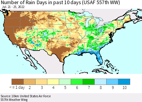 United States Number of Rain Days in past 10 days (USAF 557th WW) Thematic Map For 7/21/2022 - 7/25/2022