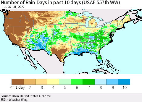 United States Number of Rain Days in past 10 days (USAF 557th WW) Thematic Map For 7/26/2022 - 7/31/2022