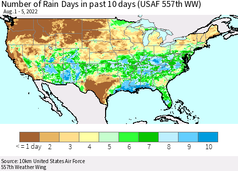 United States Number of Rain Days in past 10 days (USAF 557th WW) Thematic Map For 8/1/2022 - 8/5/2022