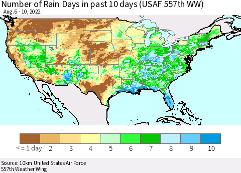United States Number of Rain Days in past 10 days (USAF 557th WW) Thematic Map For 8/6/2022 - 8/10/2022