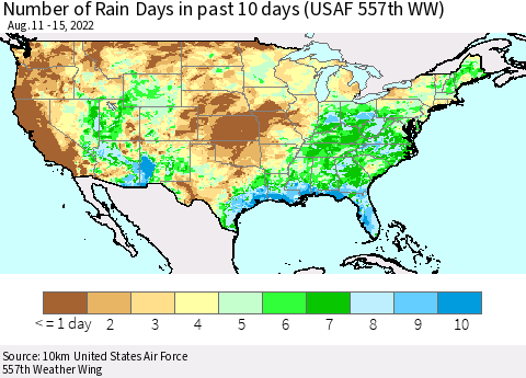 United States Number of Rain Days in past 10 days (USAF 557th WW) Thematic Map For 8/11/2022 - 8/15/2022