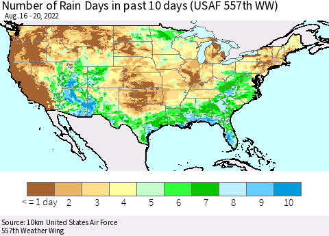 United States Number of Rain Days in past 10 days (USAF 557th WW) Thematic Map For 8/16/2022 - 8/20/2022