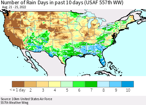 United States Number of Rain Days in past 10 days (USAF 557th WW) Thematic Map For 8/21/2022 - 8/25/2022