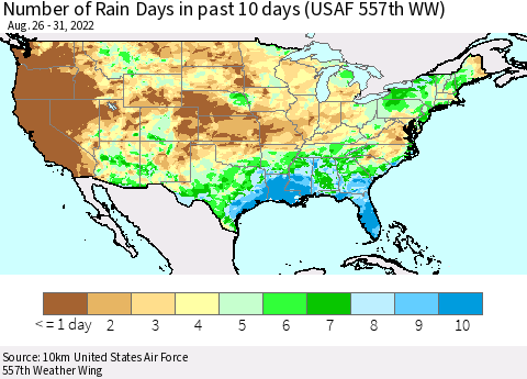 United States Number of Rain Days in past 10 days (USAF 557th WW) Thematic Map For 8/26/2022 - 8/31/2022