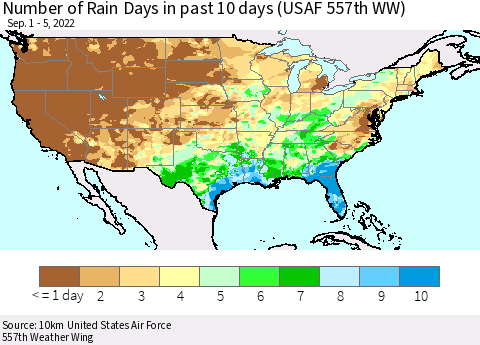United States Number of Rain Days in past 10 days (USAF 557th WW) Thematic Map For 9/1/2022 - 9/5/2022