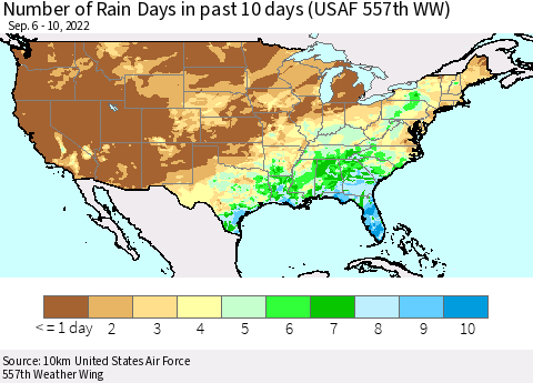 United States Number of Rain Days in past 10 days (USAF 557th WW) Thematic Map For 9/6/2022 - 9/10/2022