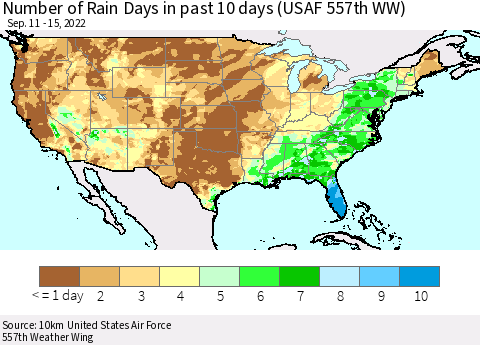 United States Number of Rain Days in past 10 days (USAF 557th WW) Thematic Map For 9/11/2022 - 9/15/2022