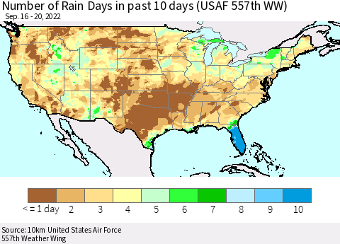 United States Number of Rain Days in past 10 days (USAF 557th WW) Thematic Map For 9/16/2022 - 9/20/2022