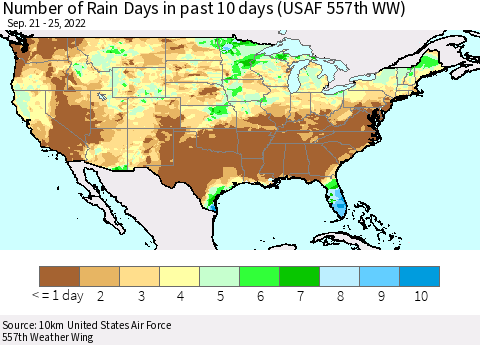 United States Number of Rain Days in past 10 days (USAF 557th WW) Thematic Map For 9/21/2022 - 9/25/2022