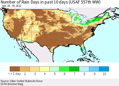 United States Number of Rain Days in past 10 days (USAF 557th WW) Thematic Map For 9/26/2022 - 9/30/2022